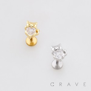 PLAYFUL KITTEN HOLDING HEART CZ STUD 316L SURGICAL STEEL LABRET SET